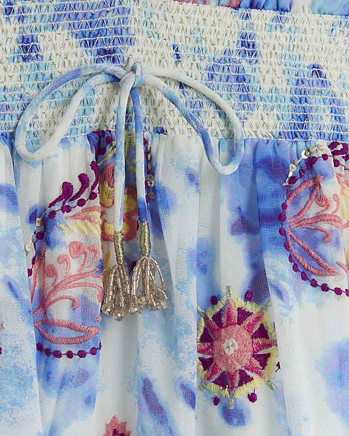 Blue tie dye embroidered beach mini dress