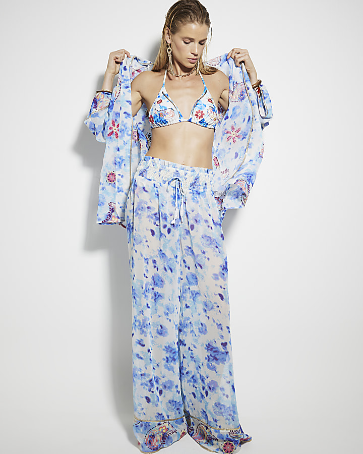 Blue tie dye embroidered wide leg trousers