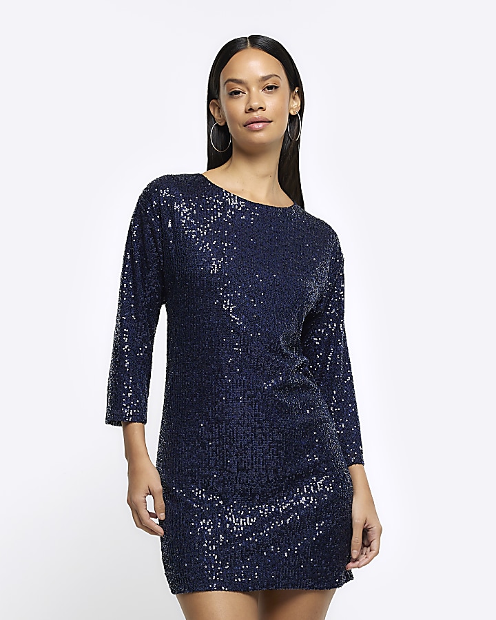 Navy sequin shift mini dress