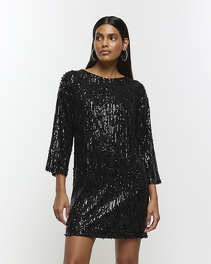 Black Sequin Detail Long Sleeve Mini Dress