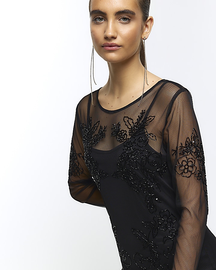 Black mesh embellished bodycon midi dress | River Island
