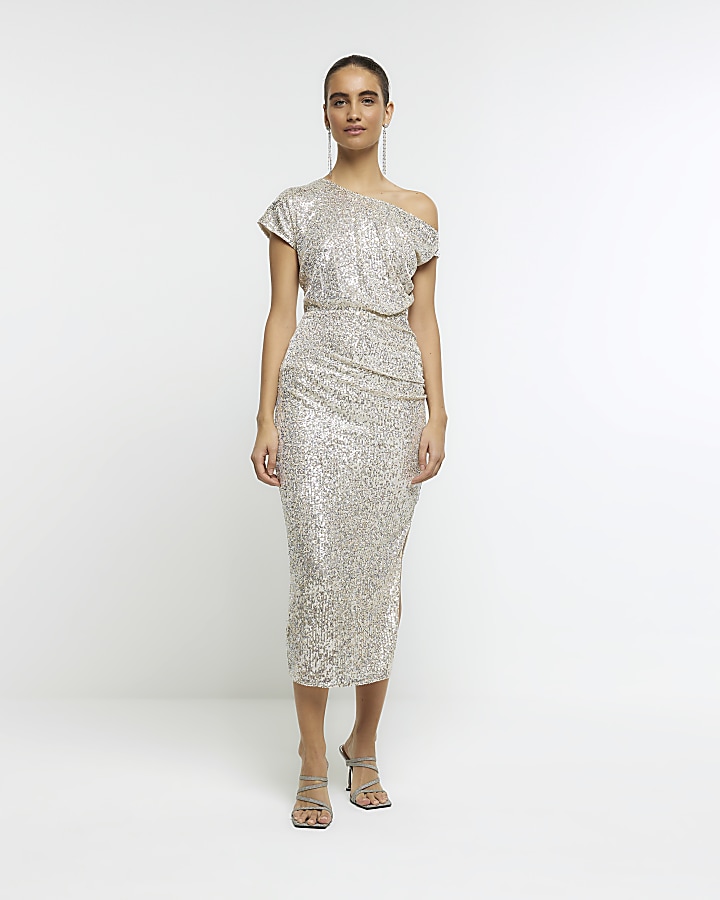 Silver sequin ruched bardot midi dress