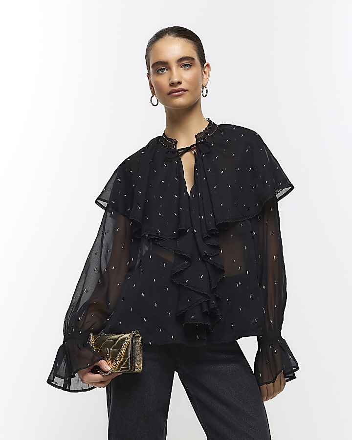 Black glitter detail frill blouse