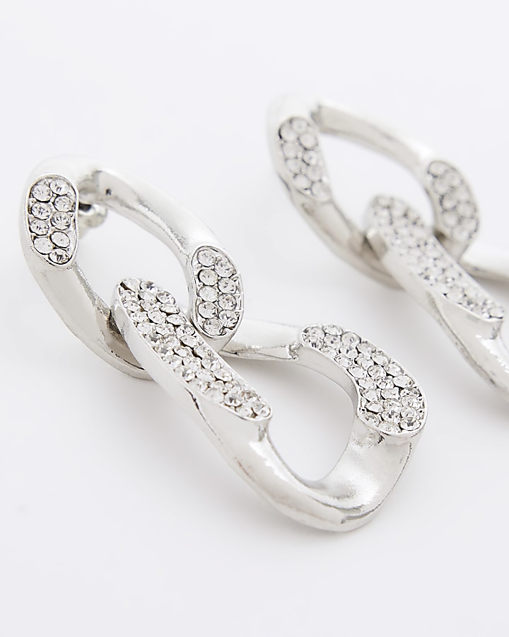 Silver chain link diamante drop earrings