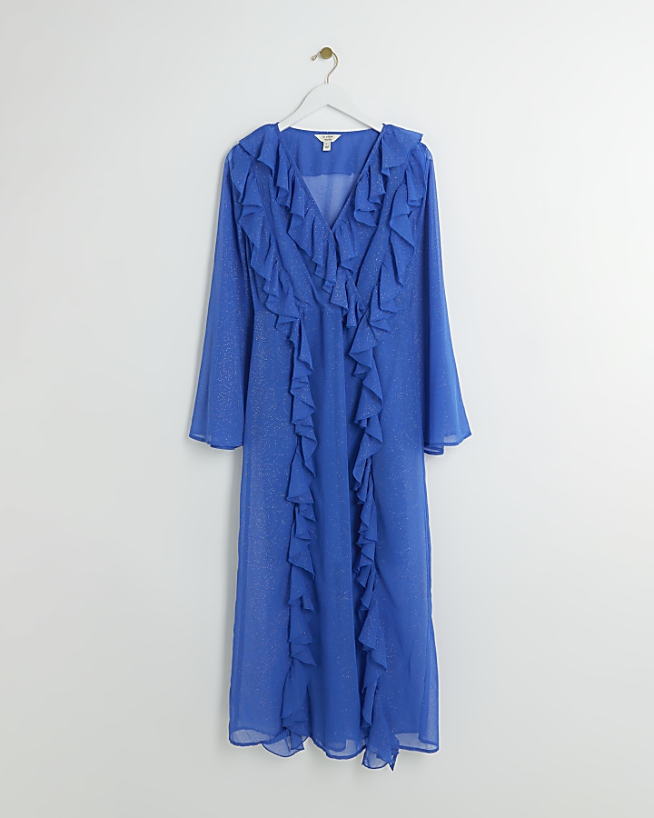 Blue frill wrap swing midi dress