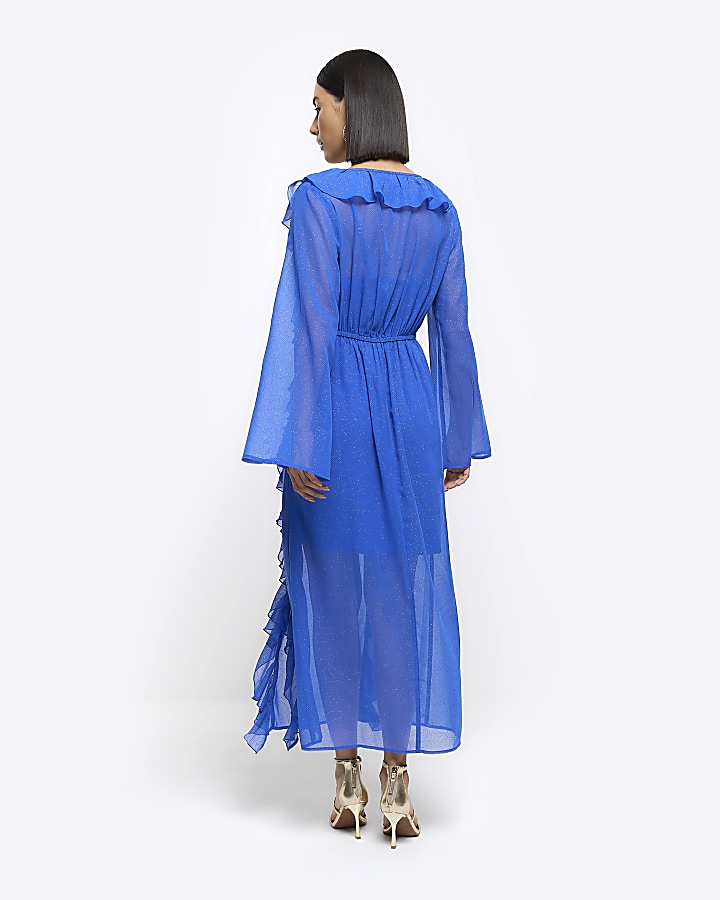Blue frill wrap swing midi dress
