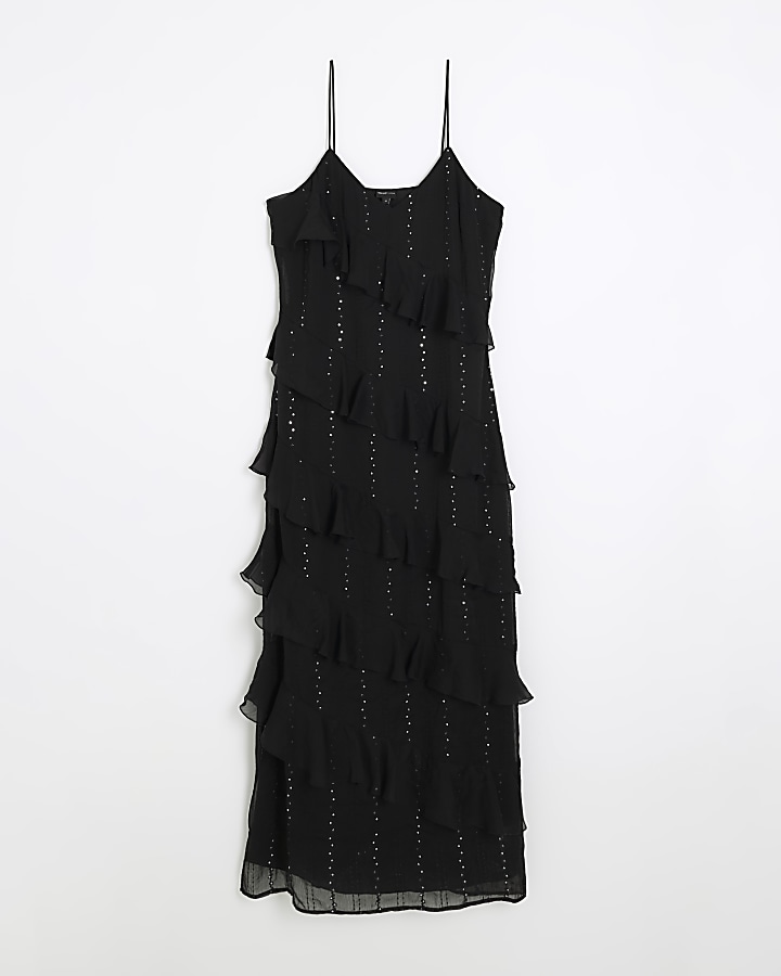 Black frill diamante slip maxi dress