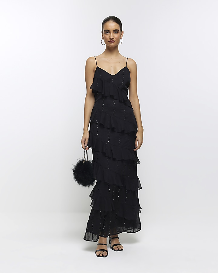 In The Style Petite exclusive ruffle trim cami maxi dress in black