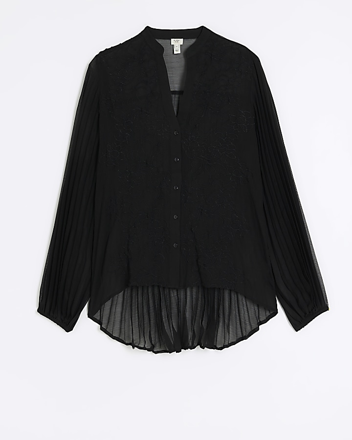 Black embroidered plisse sleeve shirt