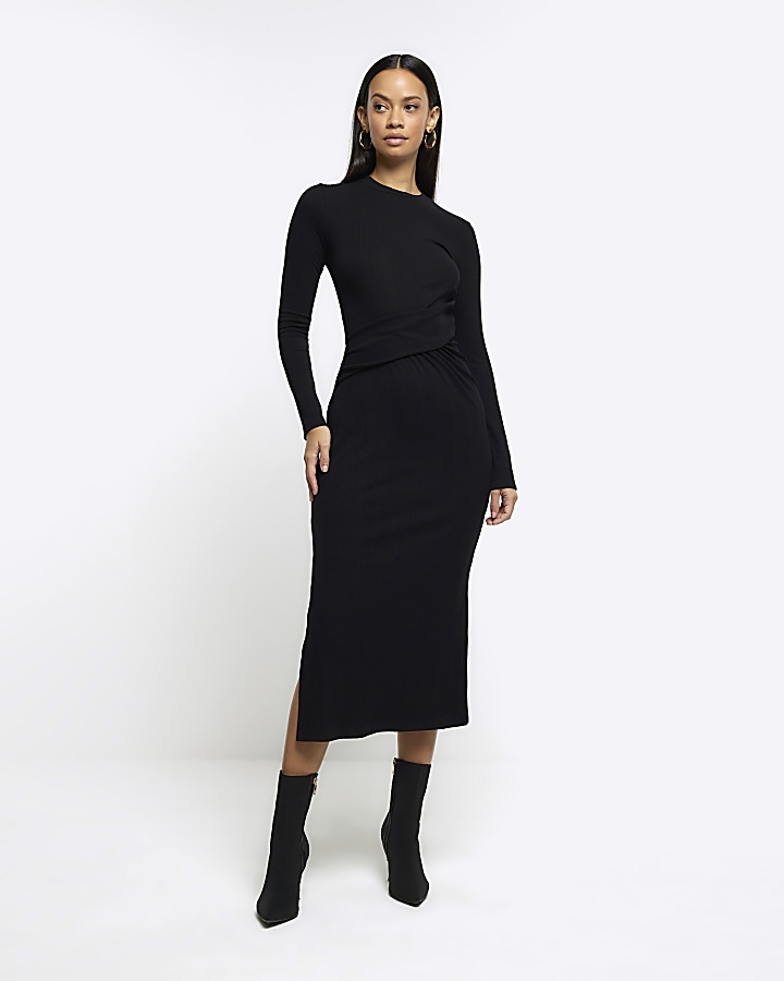 Black drape front bodycon midi dress | River Island