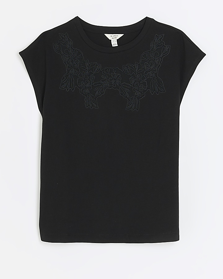 Black lace detail t-shirt | River Island