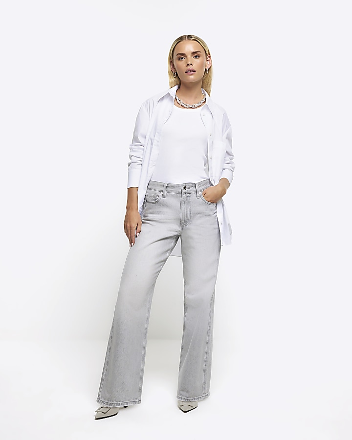 Petite grey relaxed straight jeans | River Island