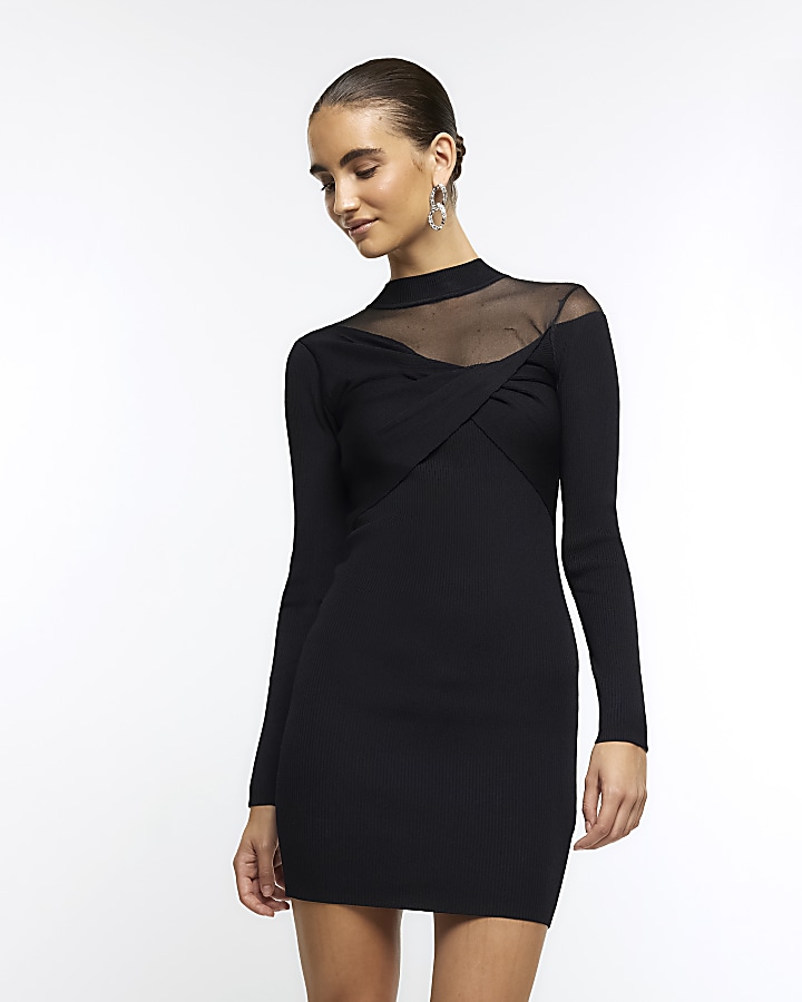 Black sheer detail bodycon mini dress River Island