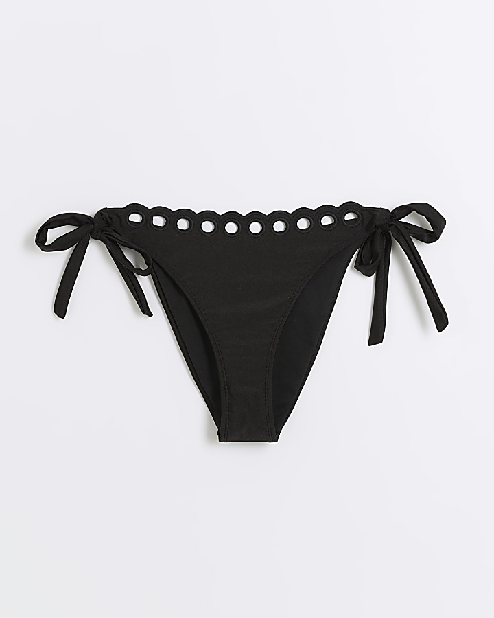 Black tie side scallop brief bikini bottoms