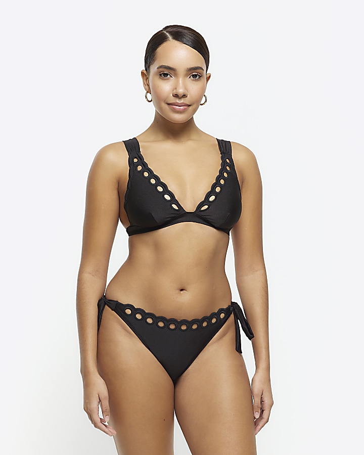 Black tie side scallop brief bikini bottoms