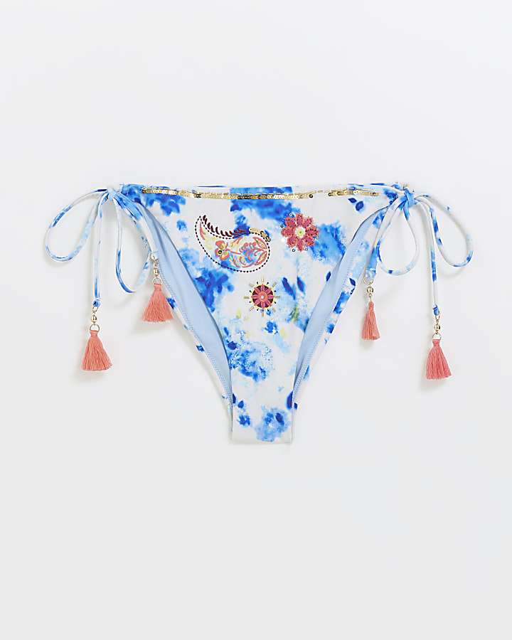 Blue embroidered tie side bikini bottoms
