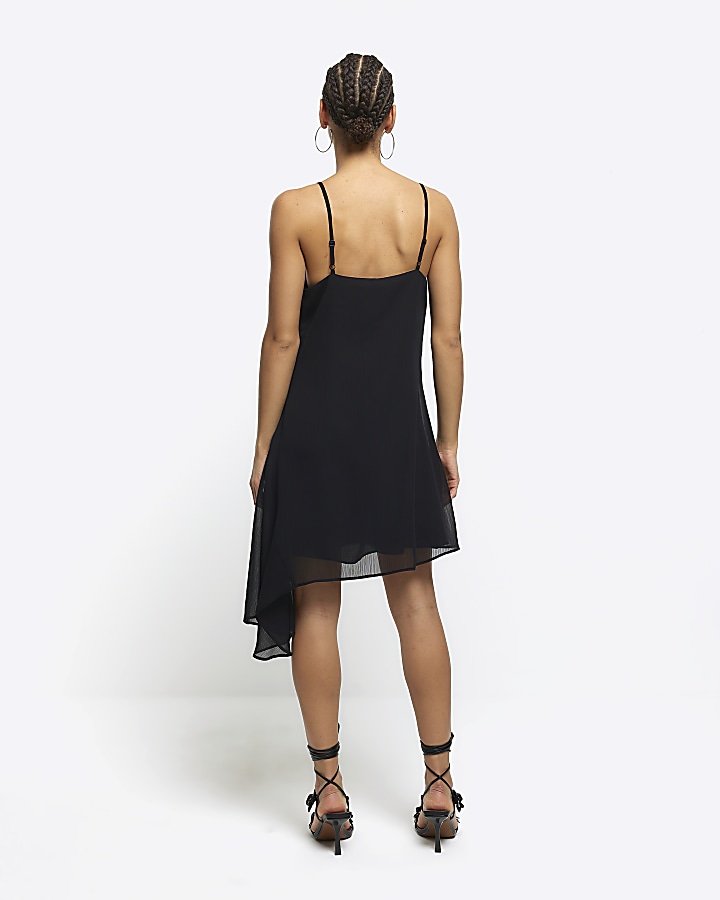 Black lace trim asymmetric slip mini dress