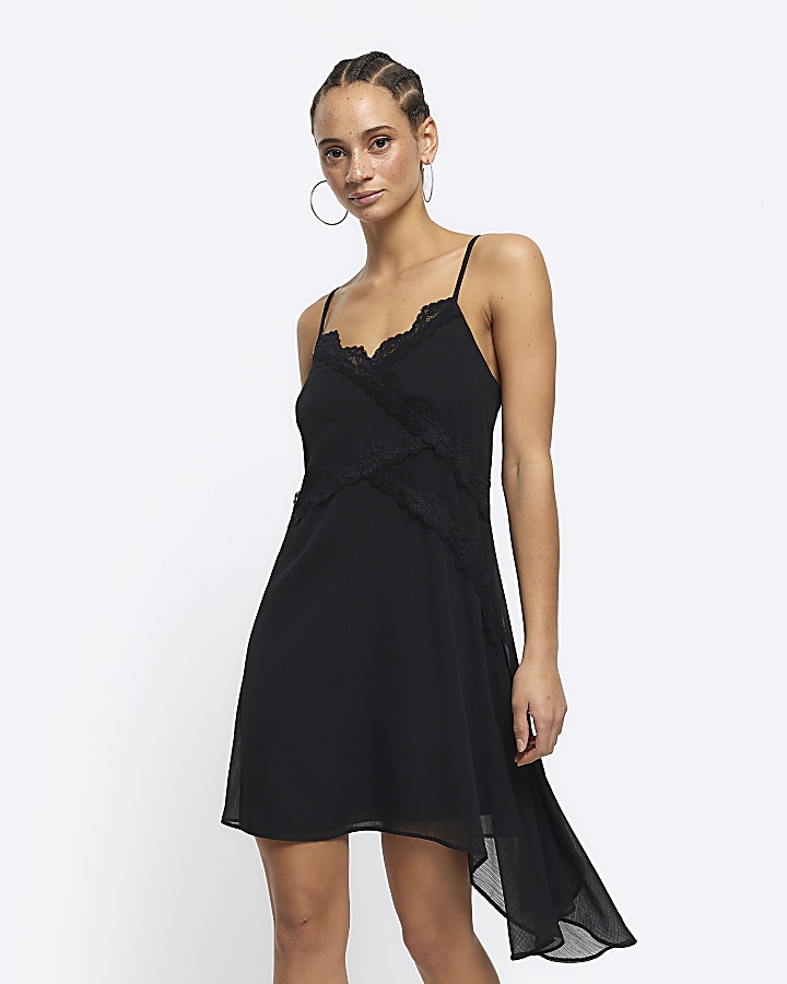 Black lace trim asymmetric slip mini dress