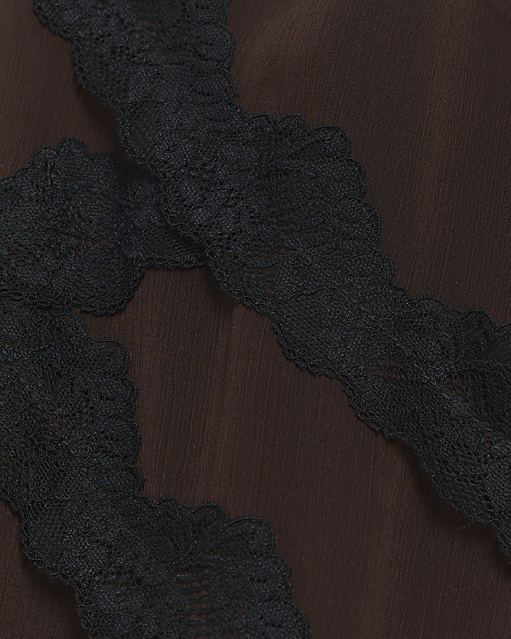 Brown lace trim asymmetric slip mini dress