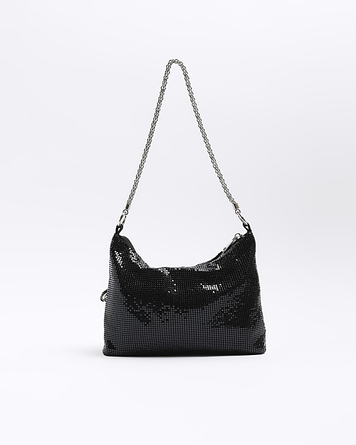 Black chainmail embellished shoulder bag | River Island