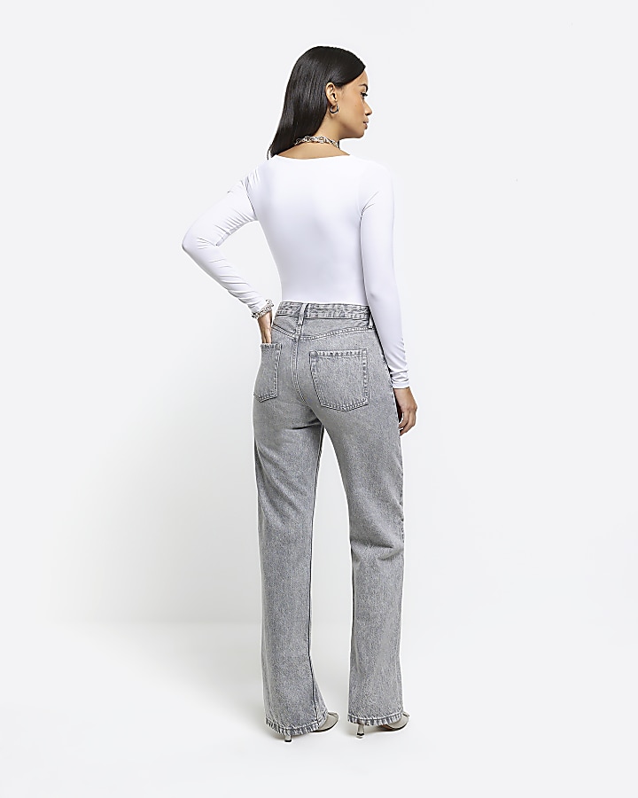 Grey high waisted relaxed straight fit jeans