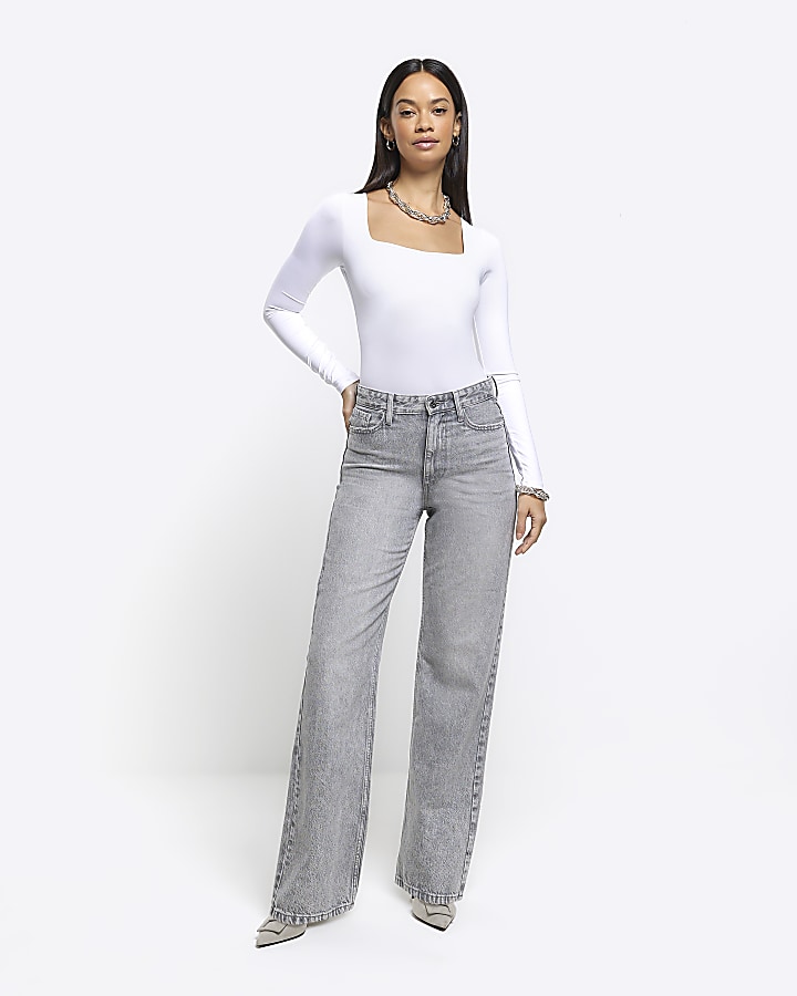 Grey high waisted relaxed straight fit jeans | River Island