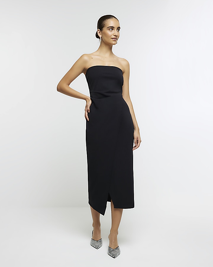 Black bandeau wrap midi dress