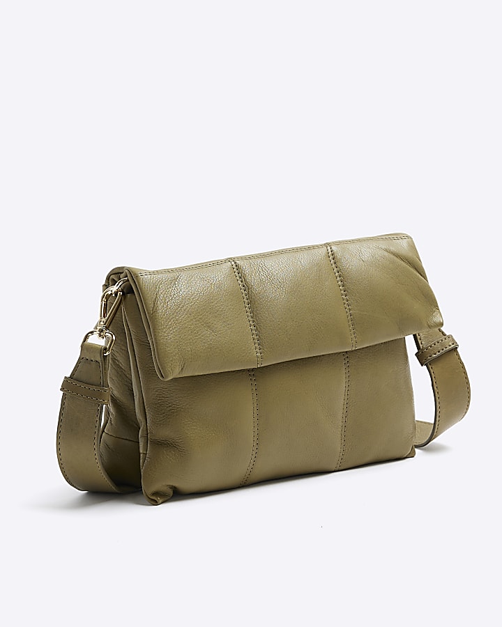 Khaki leather quilted cross body bag