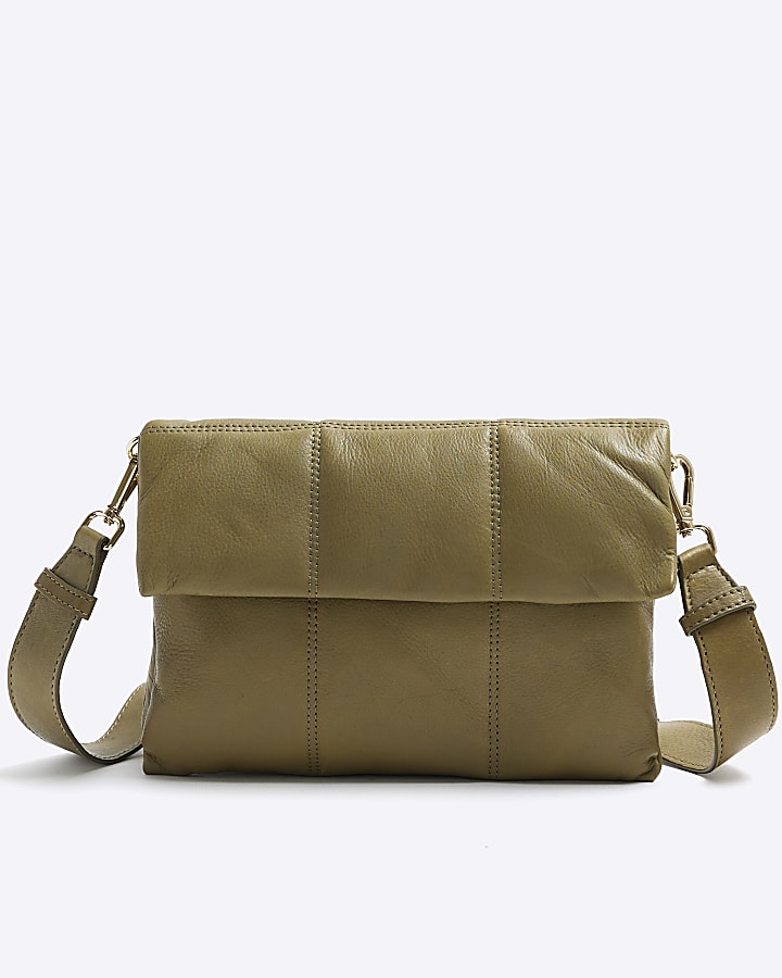 Khaki leather quilted cross body bag