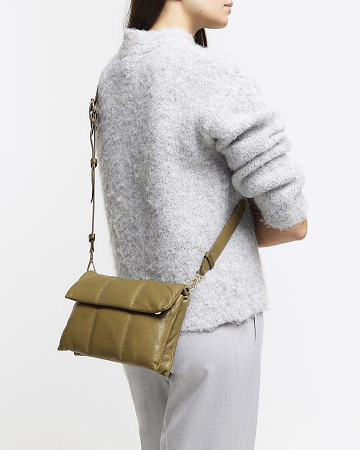 Khaki leather quilted cross body bag River Island