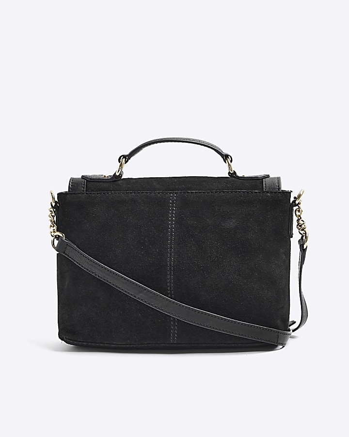 Black suede studded satchel bag