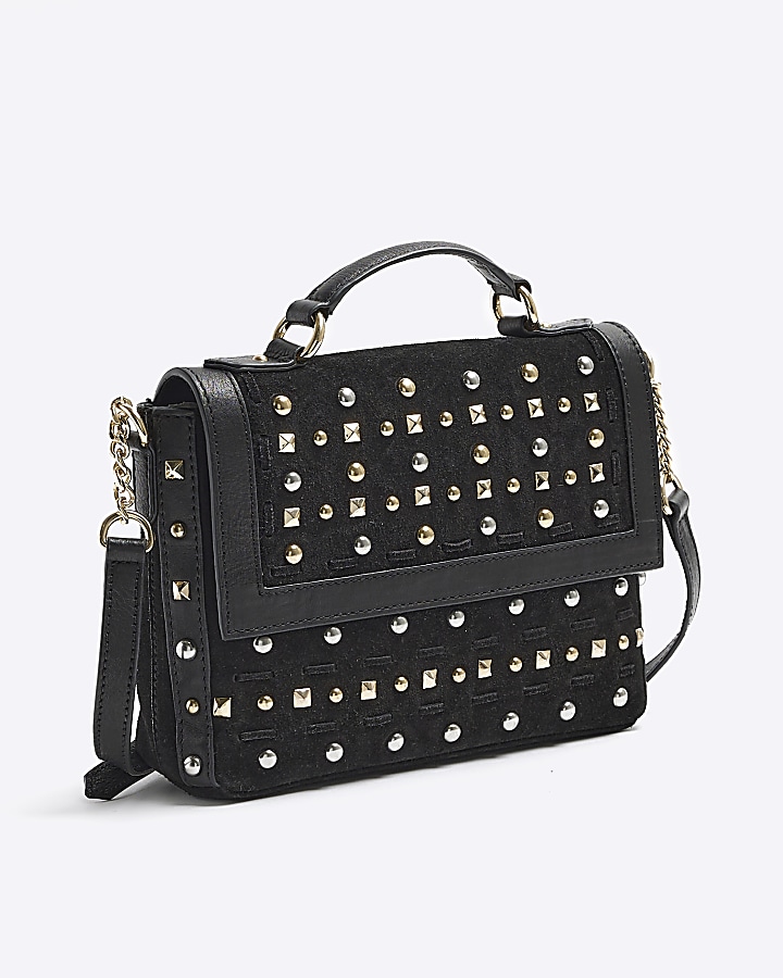 Black suede studded satchel bag