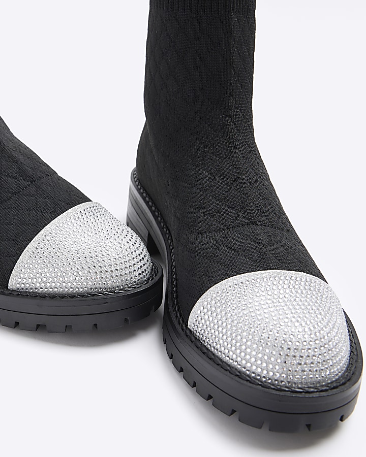Black quilted diamante sock boots