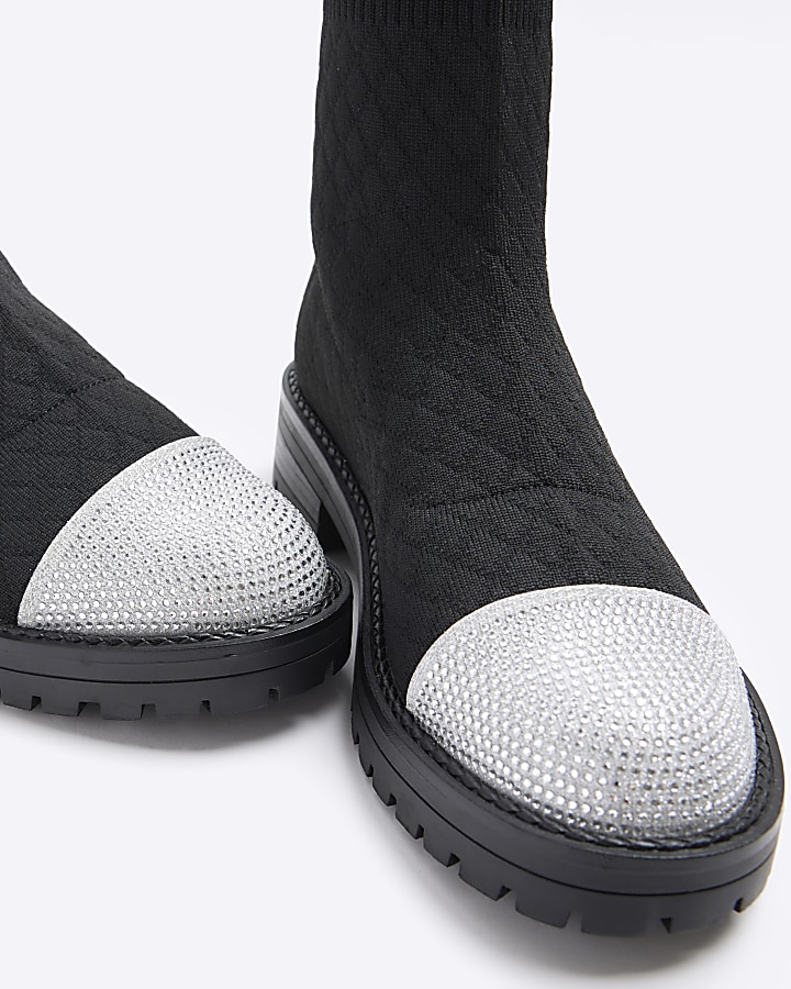 Black quilted diamante sock boots River Island