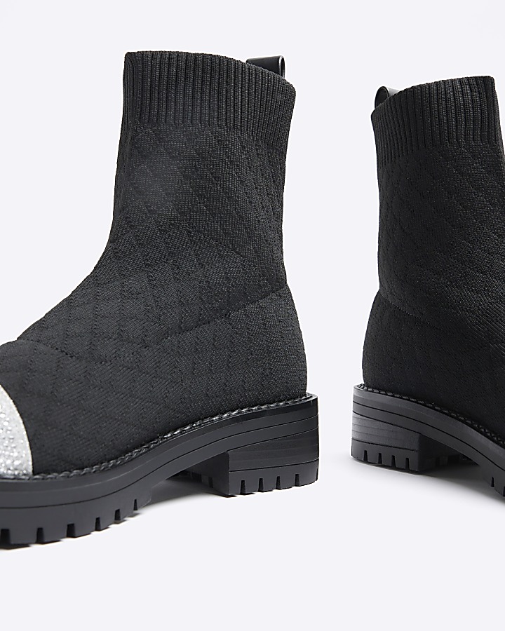 Black quilted diamante sock boots River Island