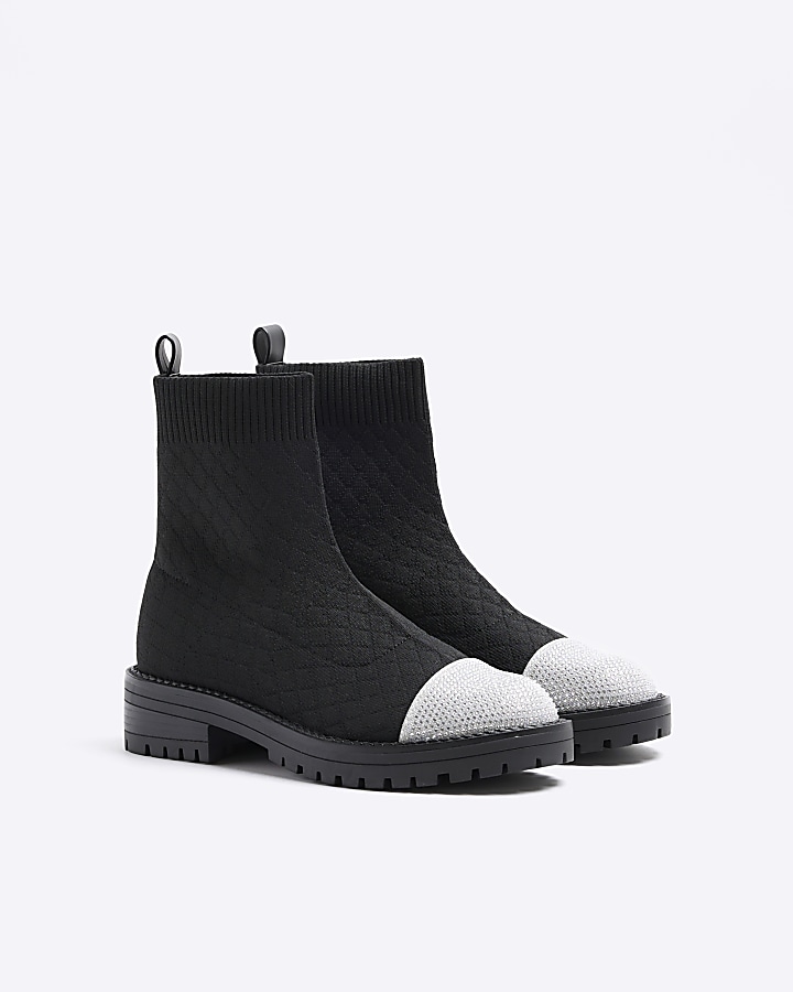 Black quilted diamante sock boots River Island