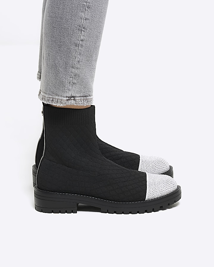 Black quilted diamante sock boots River Island
