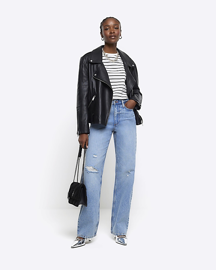 Blue high waisted relaxed straight fit jeans | River Island