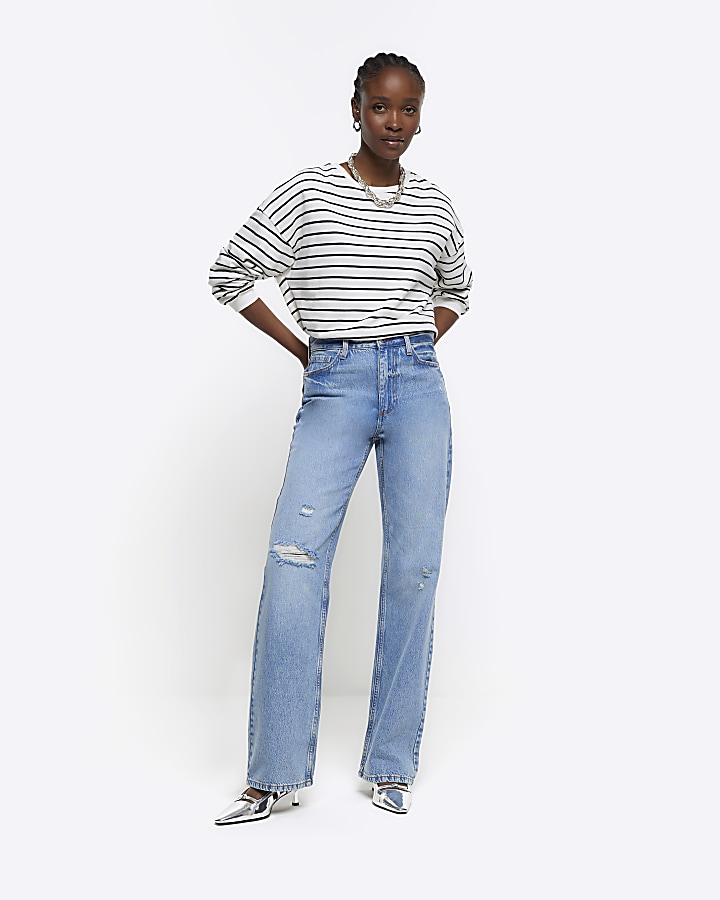 Blue high waisted relaxed straight fit jeans | River Island