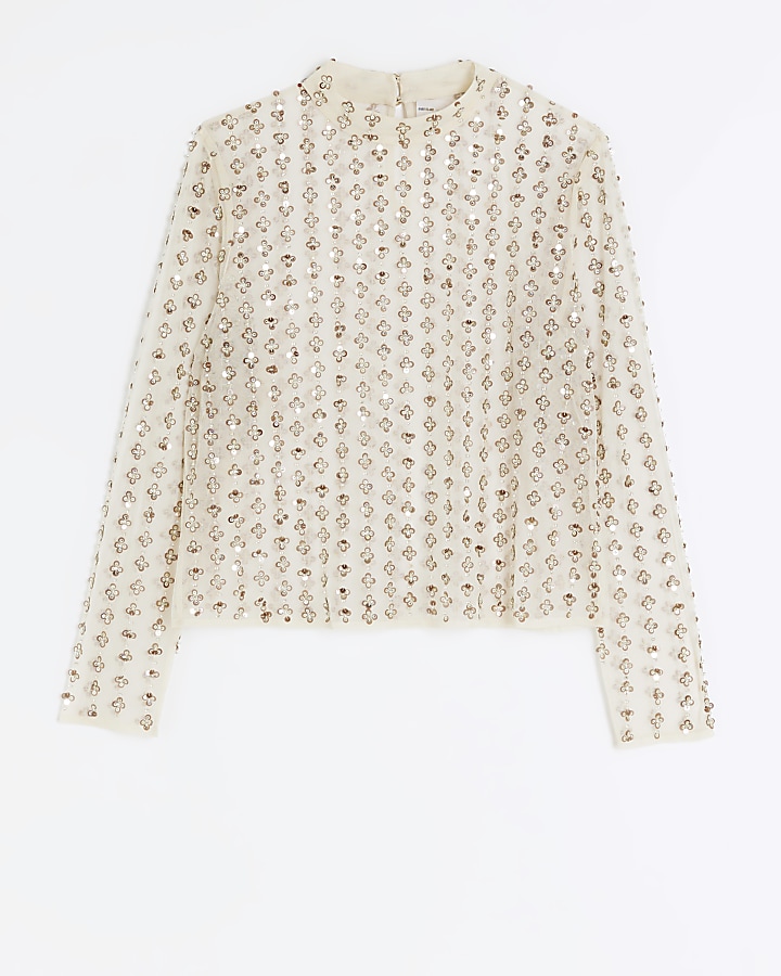 Cream mesh floral sequin top
