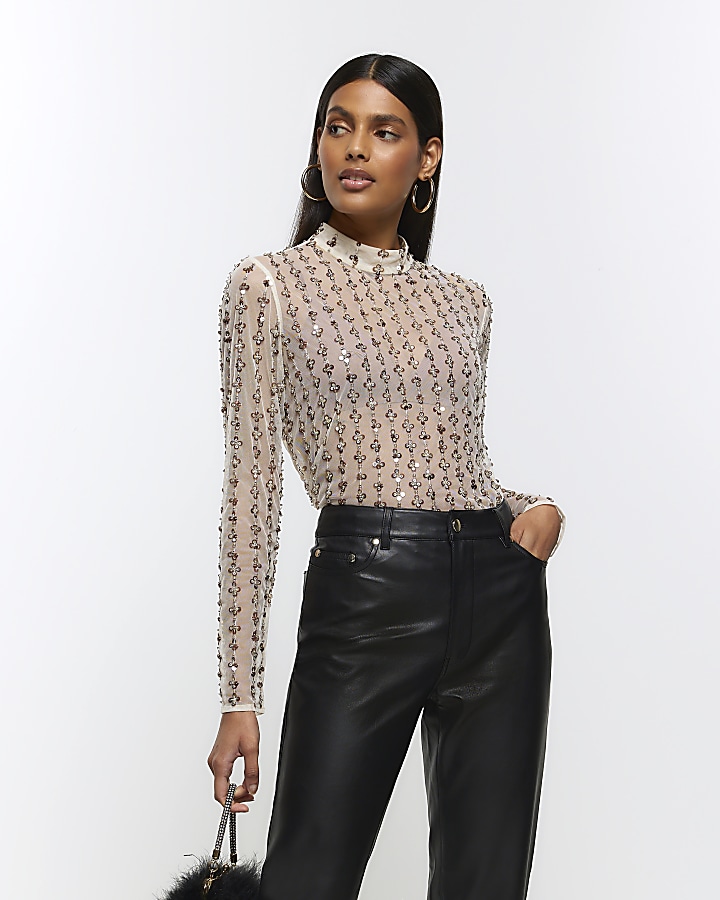 Cream mesh floral sequin top