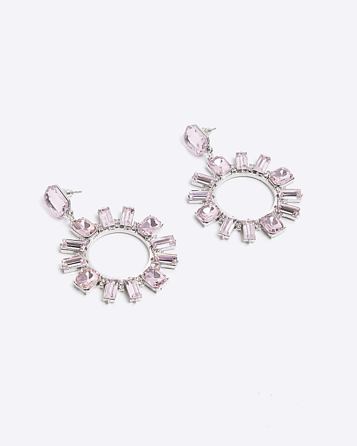 Pink diamante open circle drop earrings