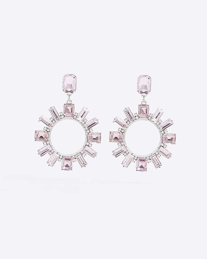 Pink diamante open circle drop earrings