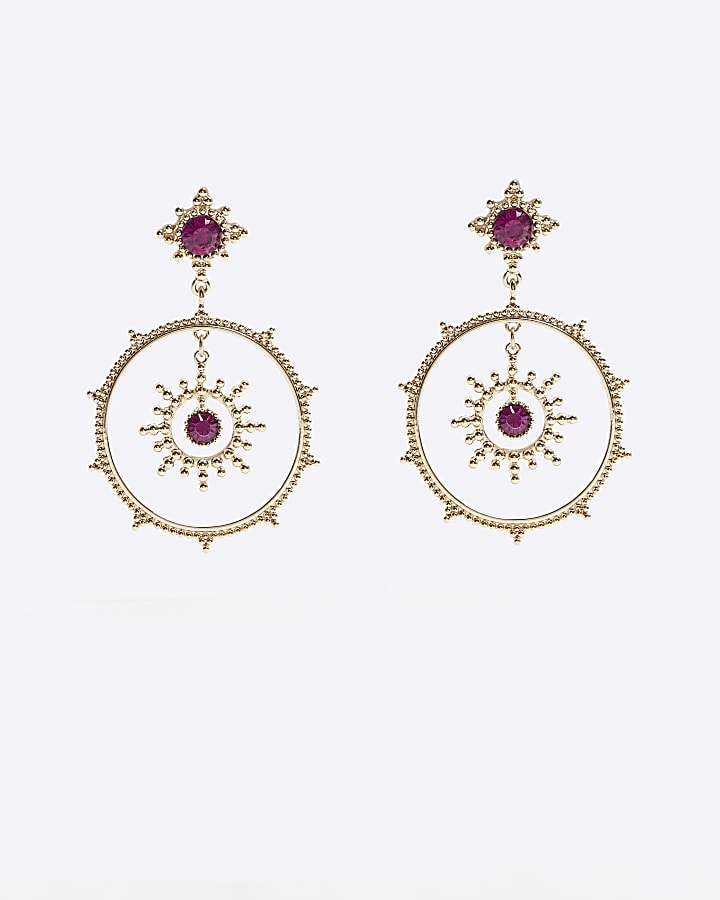 Pink stone circle drop earrings