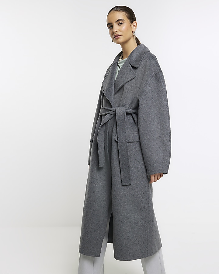 Grey wool blend belted coat