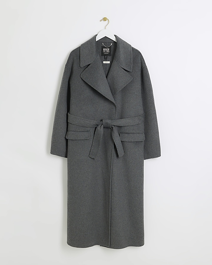 Grey wool blend belted coat