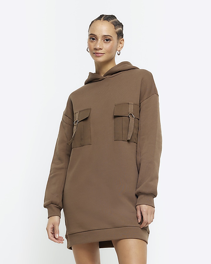 Khaki utility hooded sweatshirt mini dress