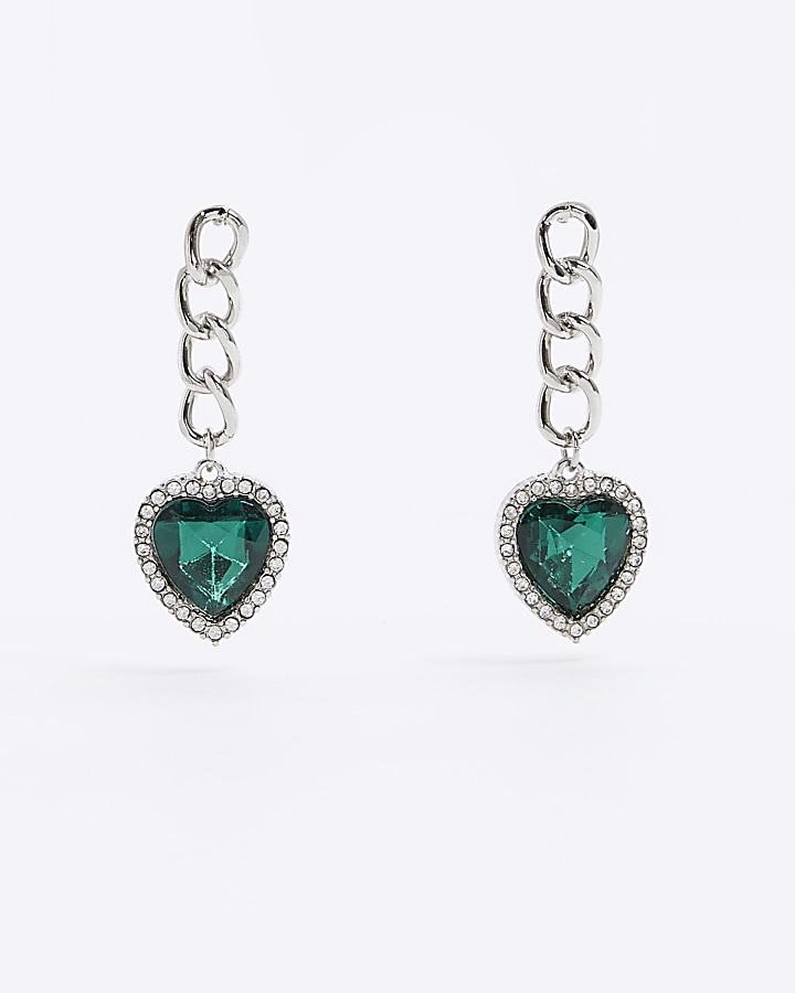 Green Heart Chain Drop Earrings