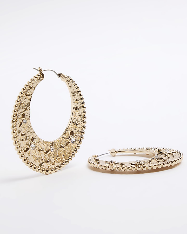 Gold Textured Flat Hoop Earrings River Island