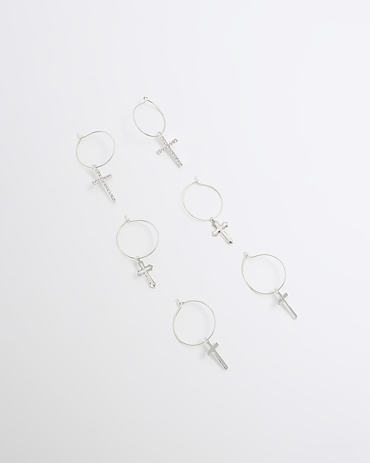 Silver Cross Hoop Earrings Multipack